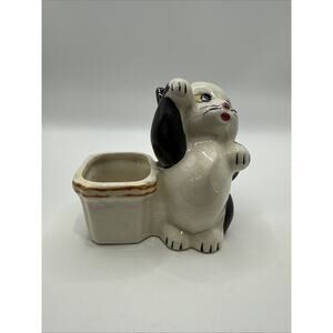 Occupied Japan Cat Planter Vase Black/White Kitten 3.75x3.5" Hand-Painted 959